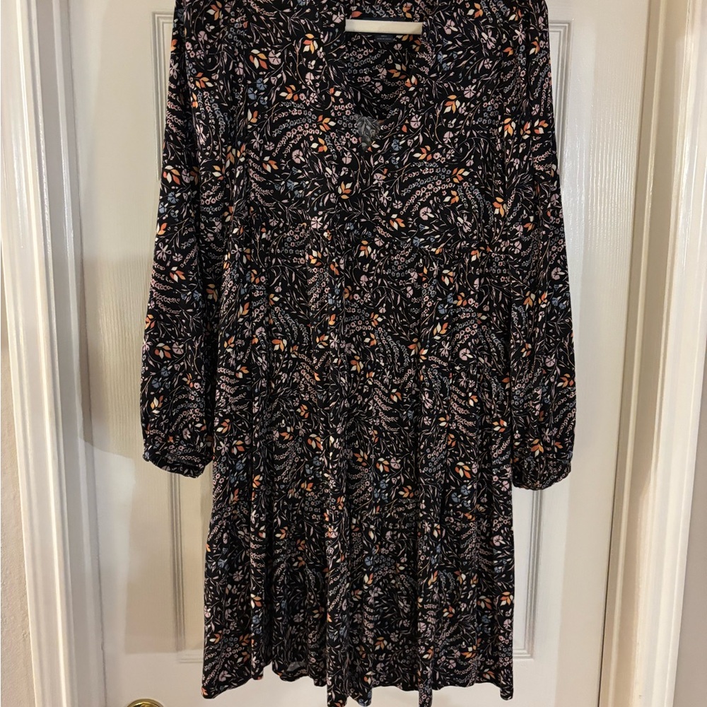 Anthropologie Black Floral Long Sleeve Swing Dress